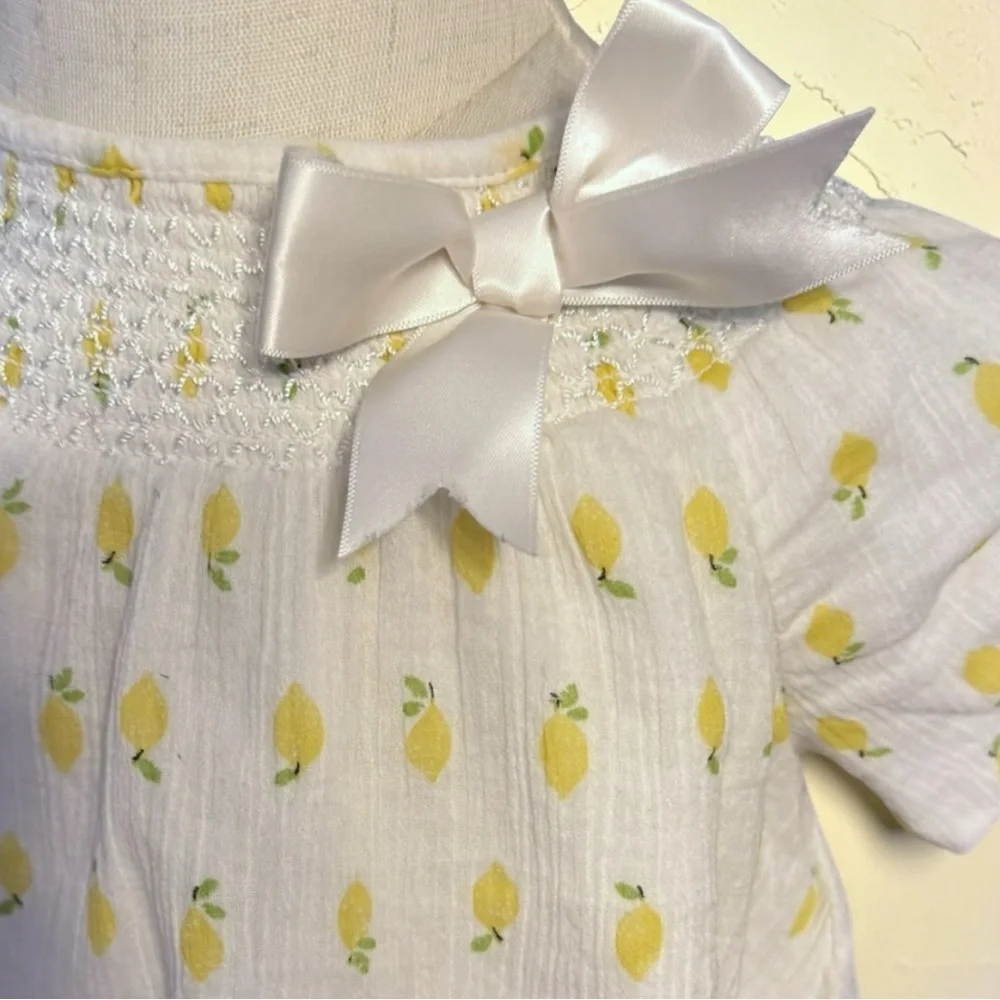 Artisan NY Lemon Print Smocked Dress 24M White Yellow Bow Summer Toddler